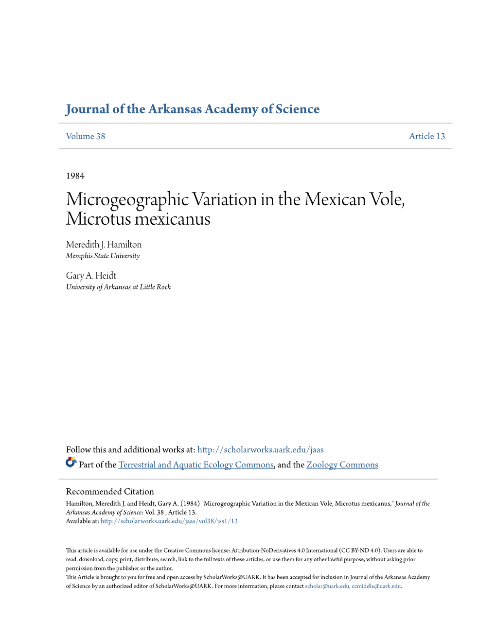 Microgeographic Variation in the Mexican Vole, Microtus Mexicanus Meredith J