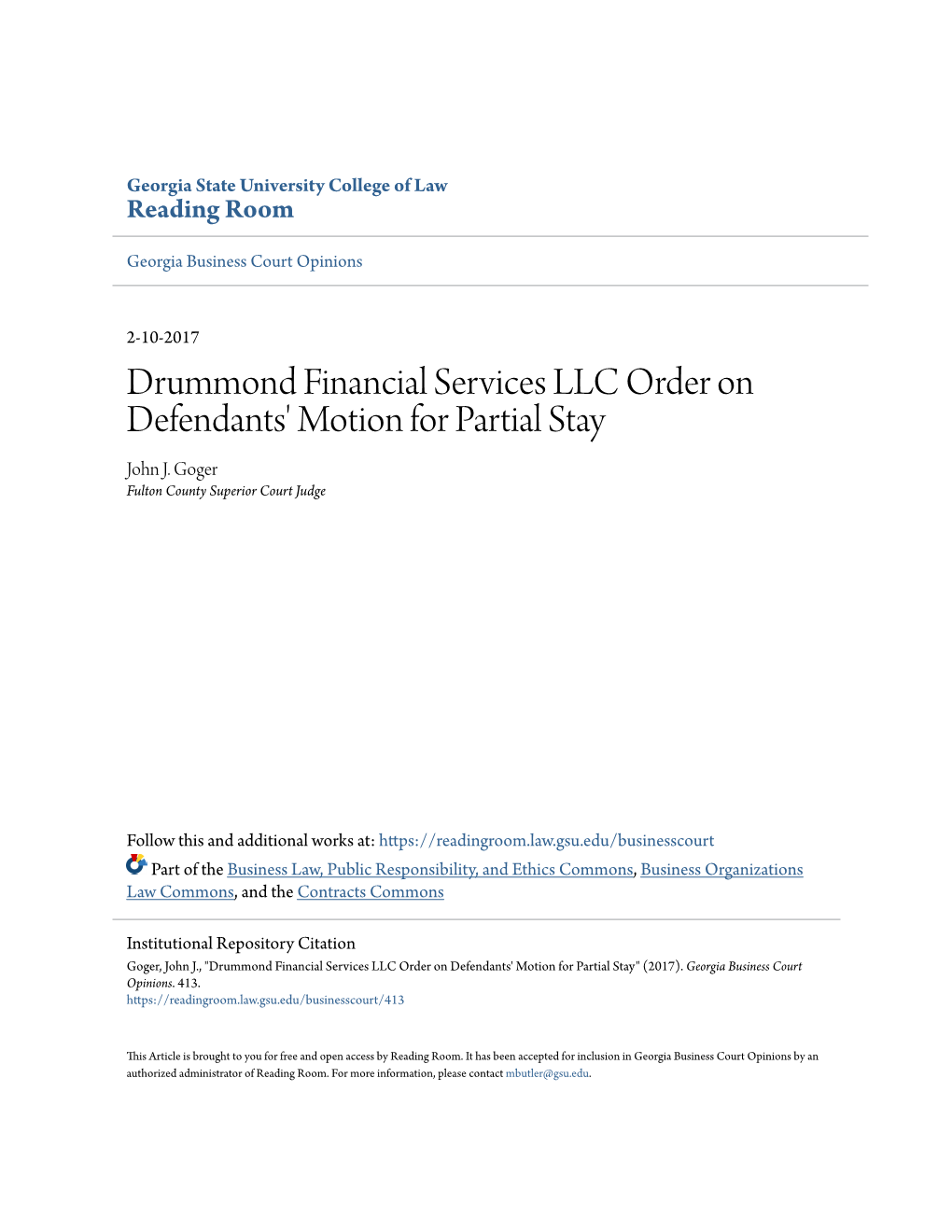 Drummond Financial Services LLC Order on Defendants' Motion for Partial Stay John J