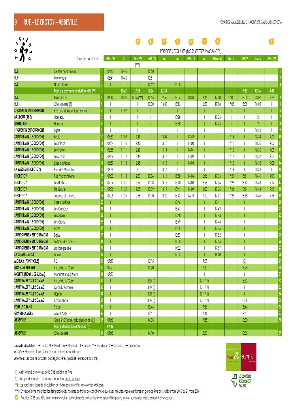 9 Rue – Le Crotoy – Abbeville Horaires Valables Du 31 Aout 2015 Au 5 Juillet 2016