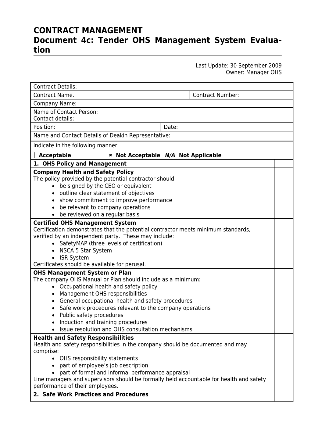 Tender OHS Management System Evaluation