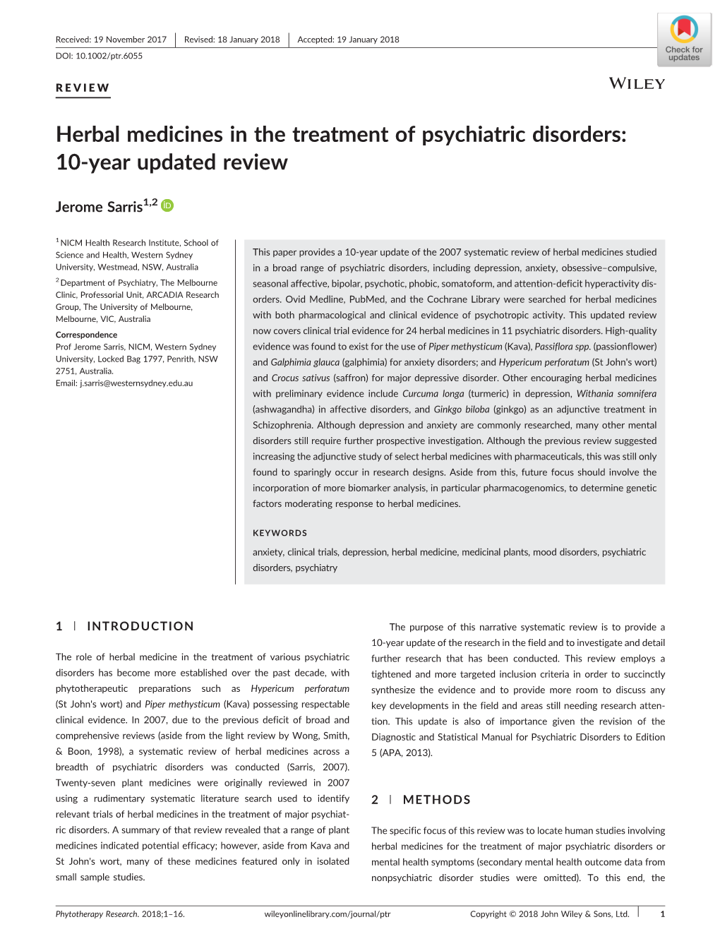 Herbal Medicines in the Treatment of Psychiatric Disorders: 10‐Year Updated Review
