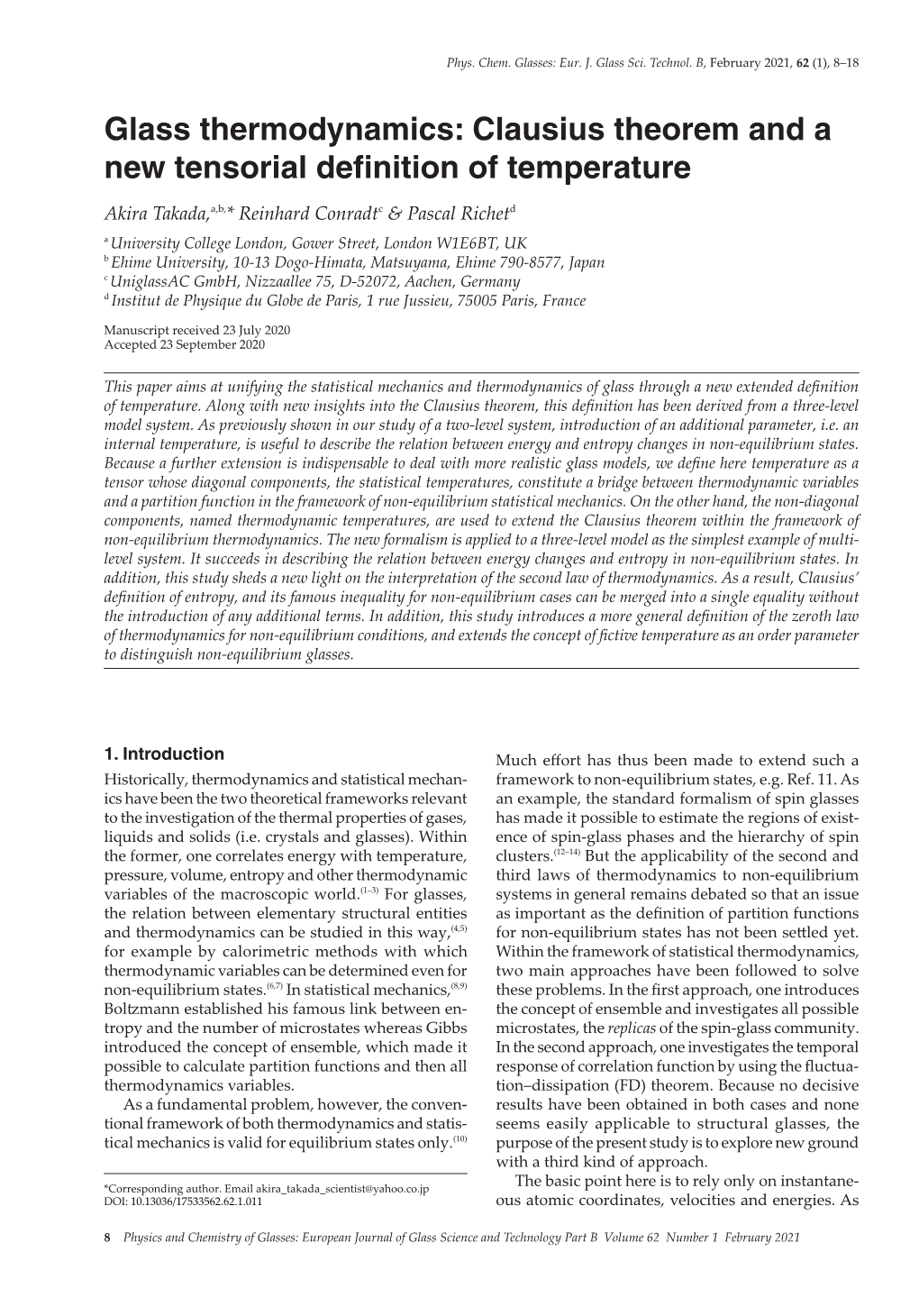 Glass Thermodynamics: Clausius Theorem and a New Tensorial Definition of Temperature