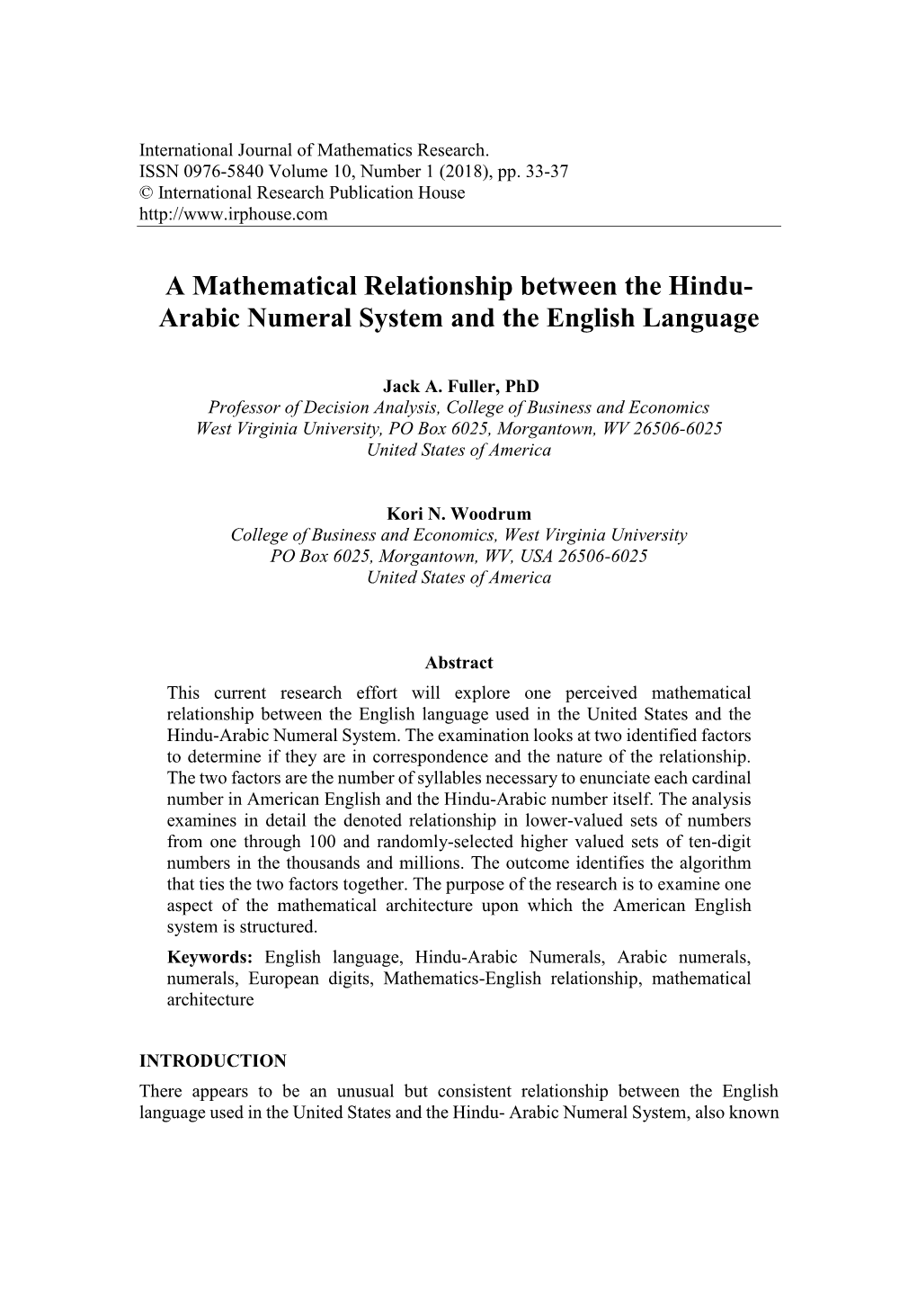 A Mathematical Relationship Between the Hindu- Arabic Numeral System and the English Language