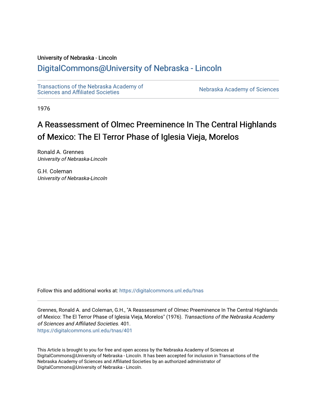 A Reassessment of Olmec Preeminence in the Central Highlands of Mexico: the El Terror Phase of Iglesia Vieja, Morelos