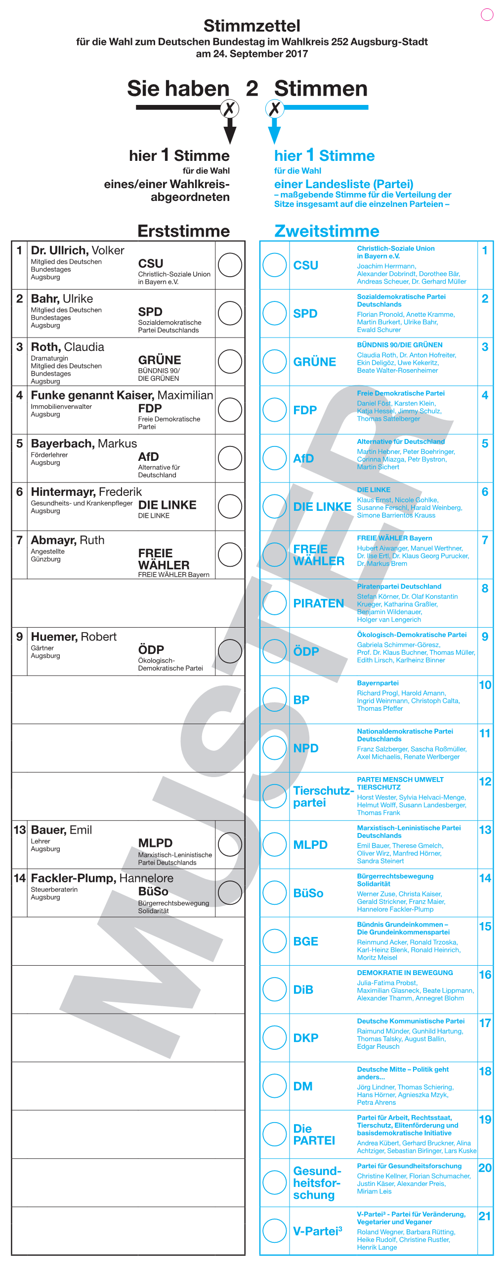 Musterstimmzettel Bundestagswahl 2017 Augsburg