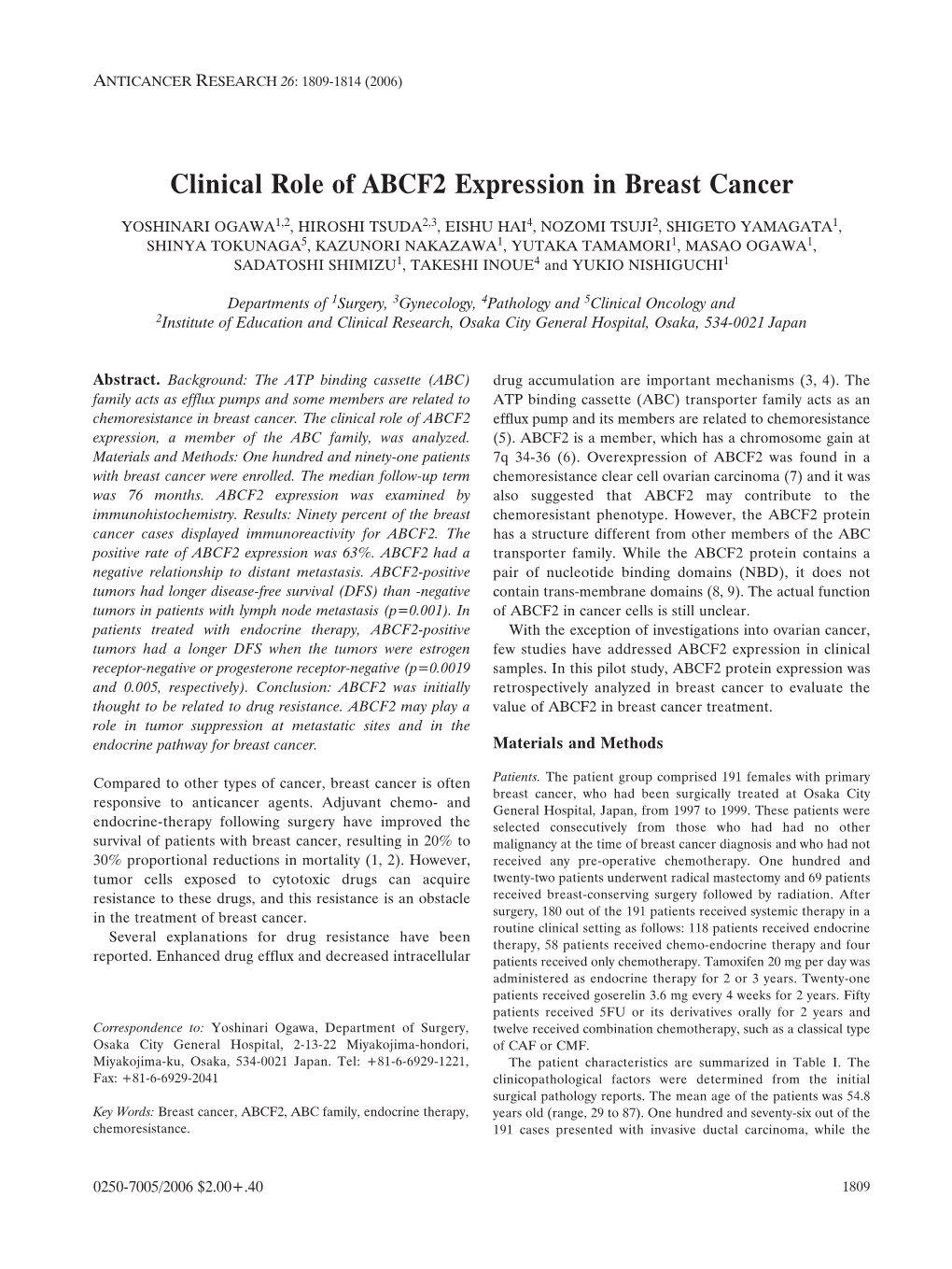 Clinical Role of ABCF2 Expression in Breast Cancer