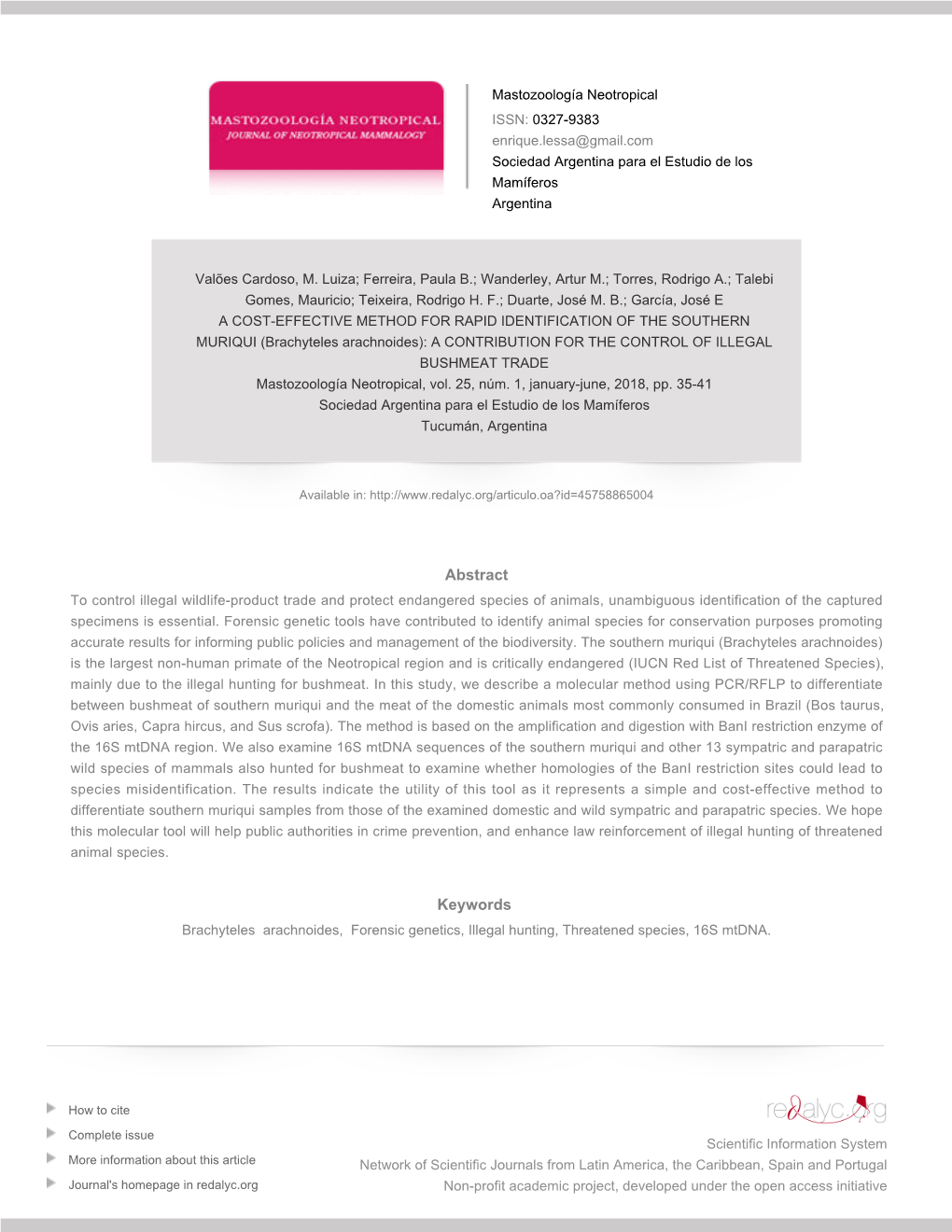 Brachyteles Arachnoides): a CONTRIBUTION for the CONTROL of ILLEGAL BUSHMEAT TRADE Mastozoología Neotropical, Vol