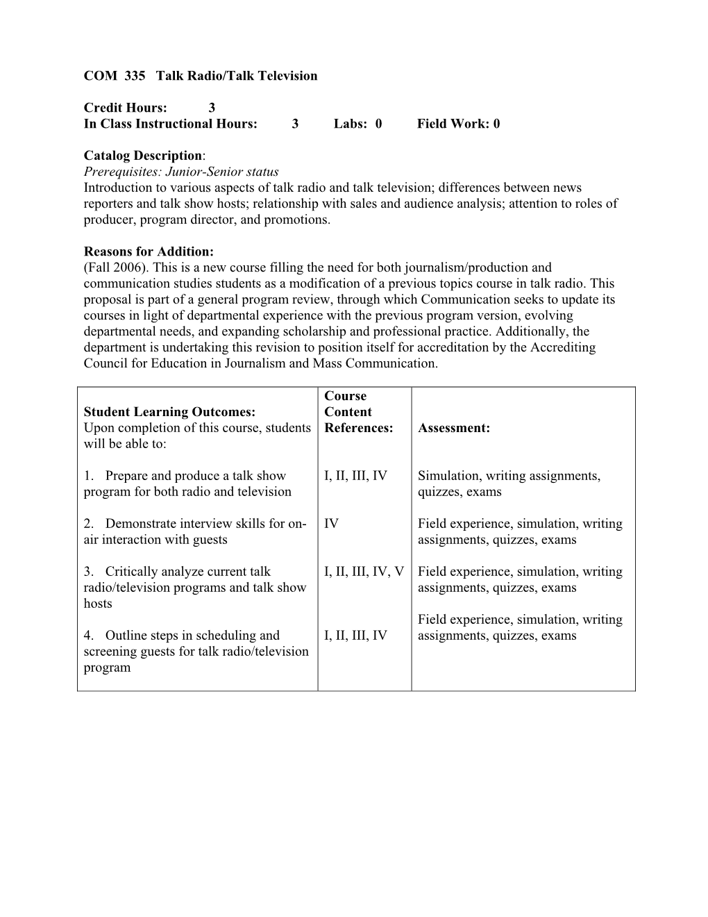 COM 335 Talk Radio/Talk Television