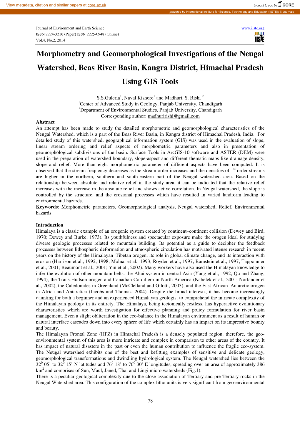 Morphometry and Geomorphological Investigations of the Neugal Watershed, Beas River Basin, Kangra District, Himachal Pradesh Using GIS Tools