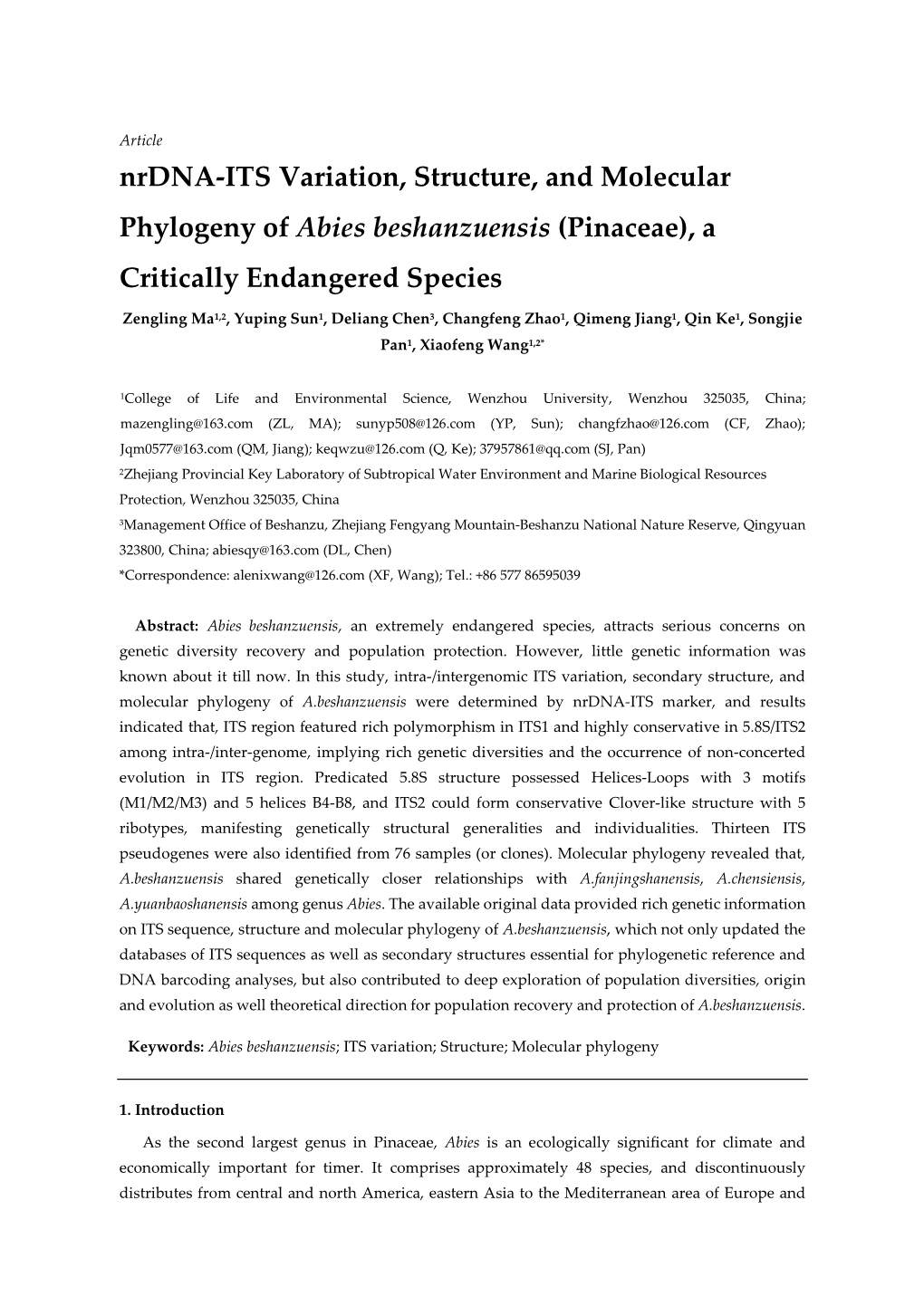 Nrdna-ITS Variation, Structure, and Molecular Phylogeny of Abies Beshanzuensis (Pinaceae), a Critically Endangered Species