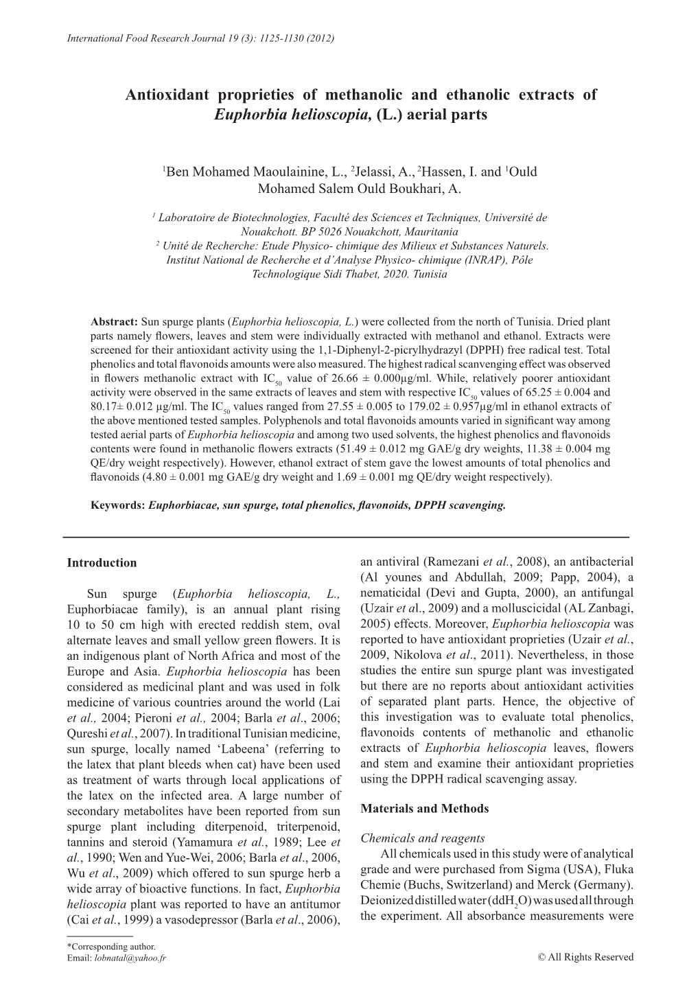 Antioxidant Proprieties of Methanolic and Ethanolic Extracts of Euphorbia Helioscopia, (L.) Aerial Parts