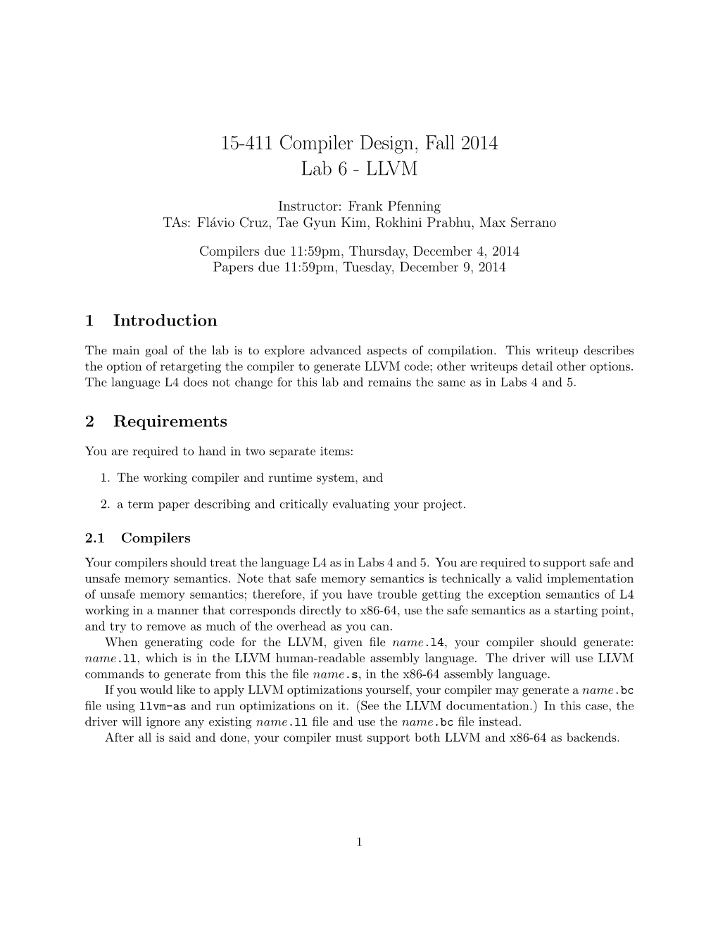 15-411 Compiler Design, Fall 2014 Lab 6 - LLVM