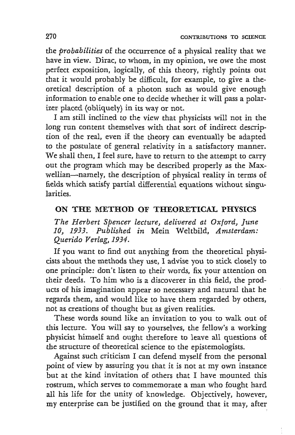 270 on the METHOD of THEORETICAL PHYSICS the Herbert Spencer Lecture, Delivered at Oxford, June Querida Verlag, 1934