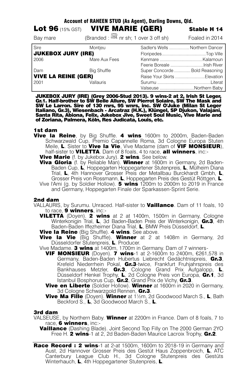 VIVE MARIE (GER) Stable H 14 Bay Mare (Branded : Nr Sh; 1 Over 3 Off Sh) Foaled in 2014