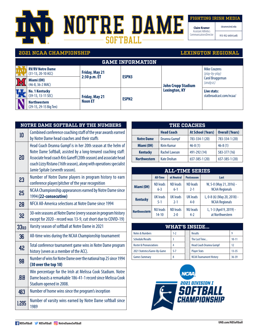 2021 NCAA CHAMPIONSHIP LEXINGTON REGIONAL the COACHES Combined Conference Coaching Staff of the Year Awards Earned by Notre Dame