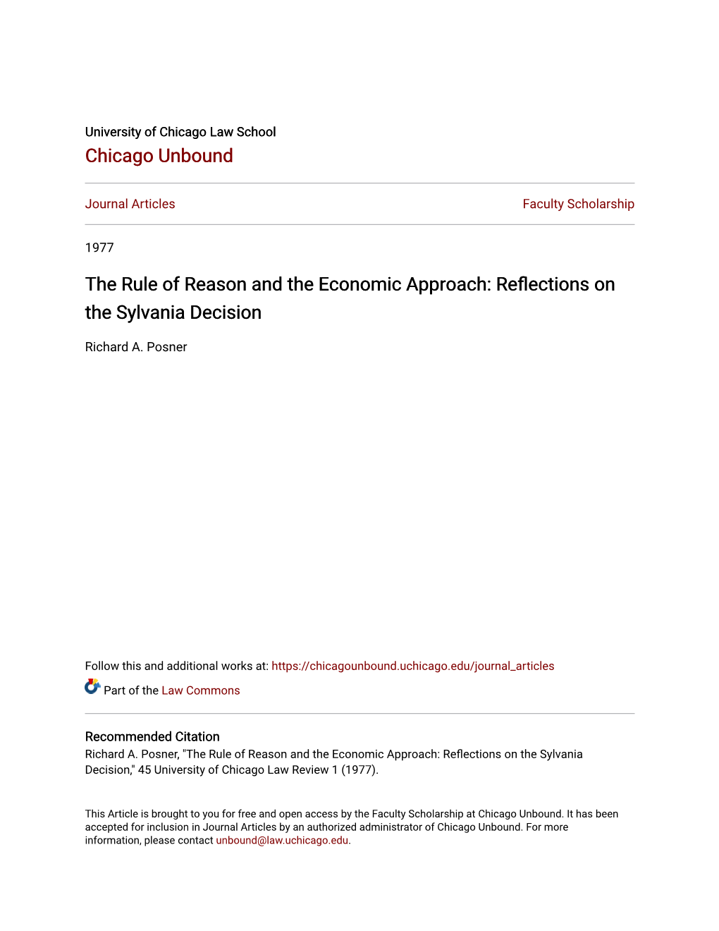 The Rule of Reason and the Economic Approach: Reflections on the Sylvania Decision