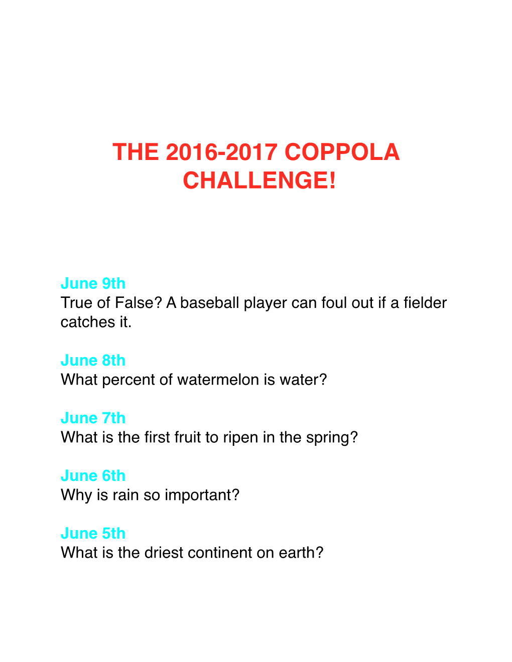 The 2016-2017 Coppola Challenge!