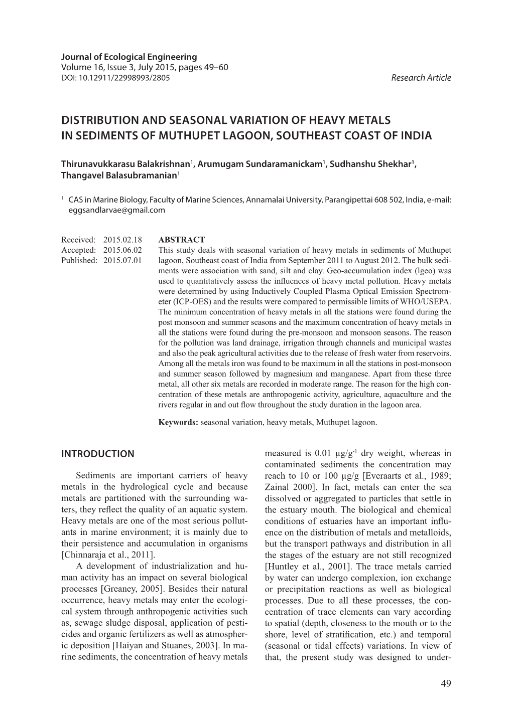 Distribution and Seasonal Variation of Heavy Metals in Sediments of Muthupet Lagoon, Southeast Coast of India