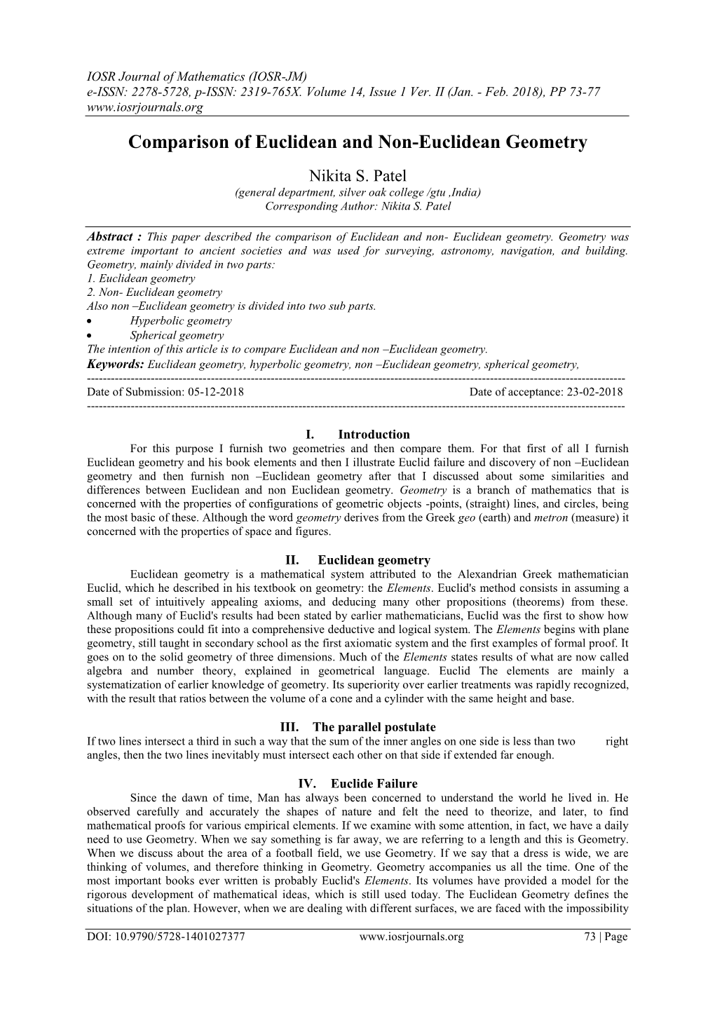 Comparison of Euclidean and Non-Euclidean Geometry