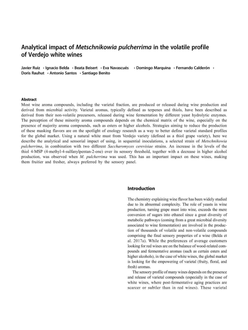 Analytical Impact of Metschnikowia Pulcherrima in the Volatile Profile of Verdejo White Wines