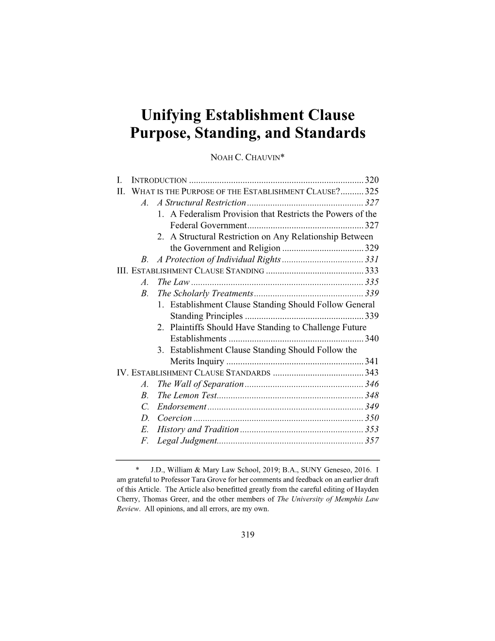 Unifying Establishment Clause Purpose, Standing, and Standards