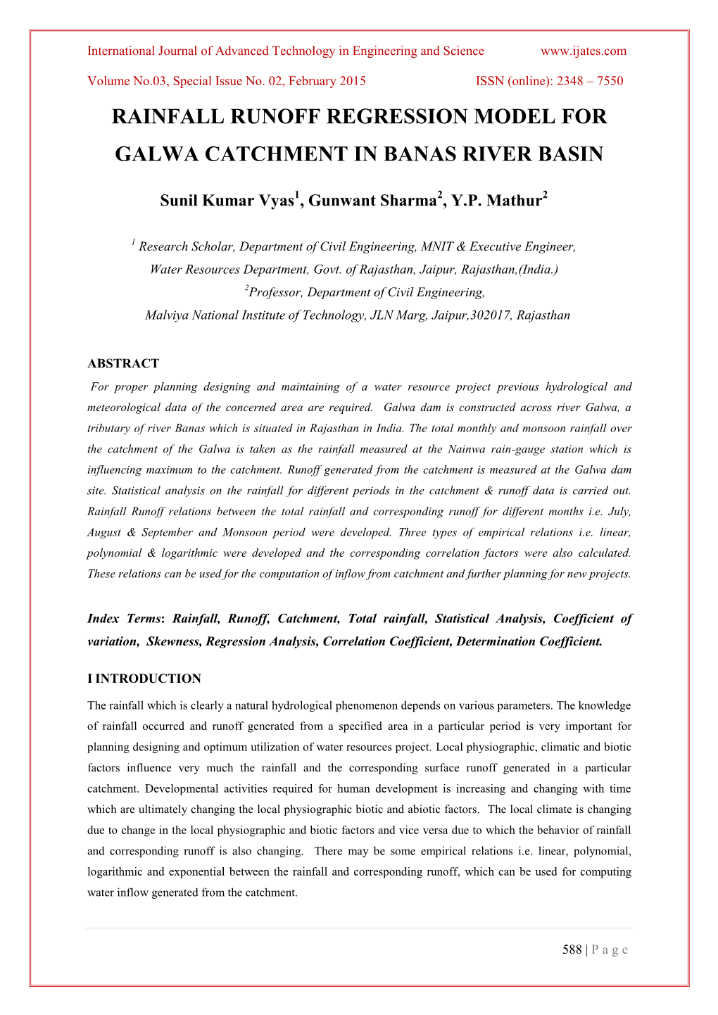 Rainfall Runoff Regression Model for Galwa Catchment in Banas River Basin