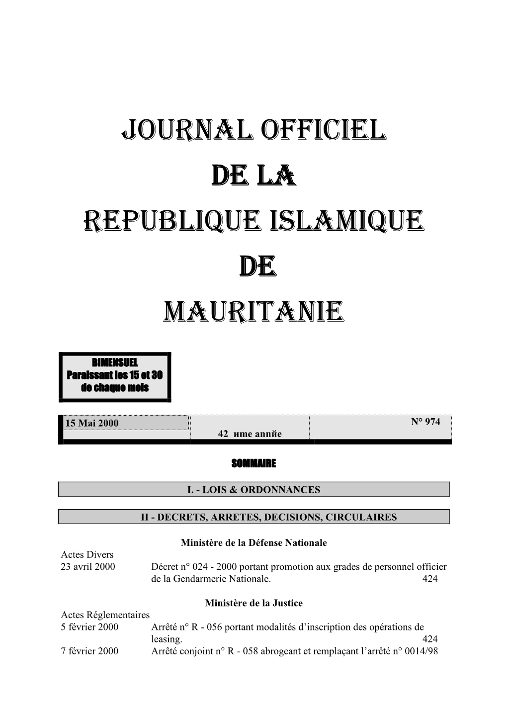 Journal Officiel De La Republique Islamique De Mauritanie