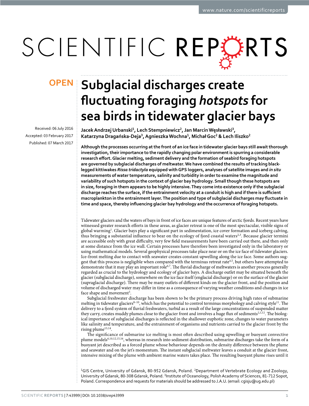 Subglacial Discharges Create Fluctuating Foraging Hotspots for Sea Birds in Tidewater Glacier Bays