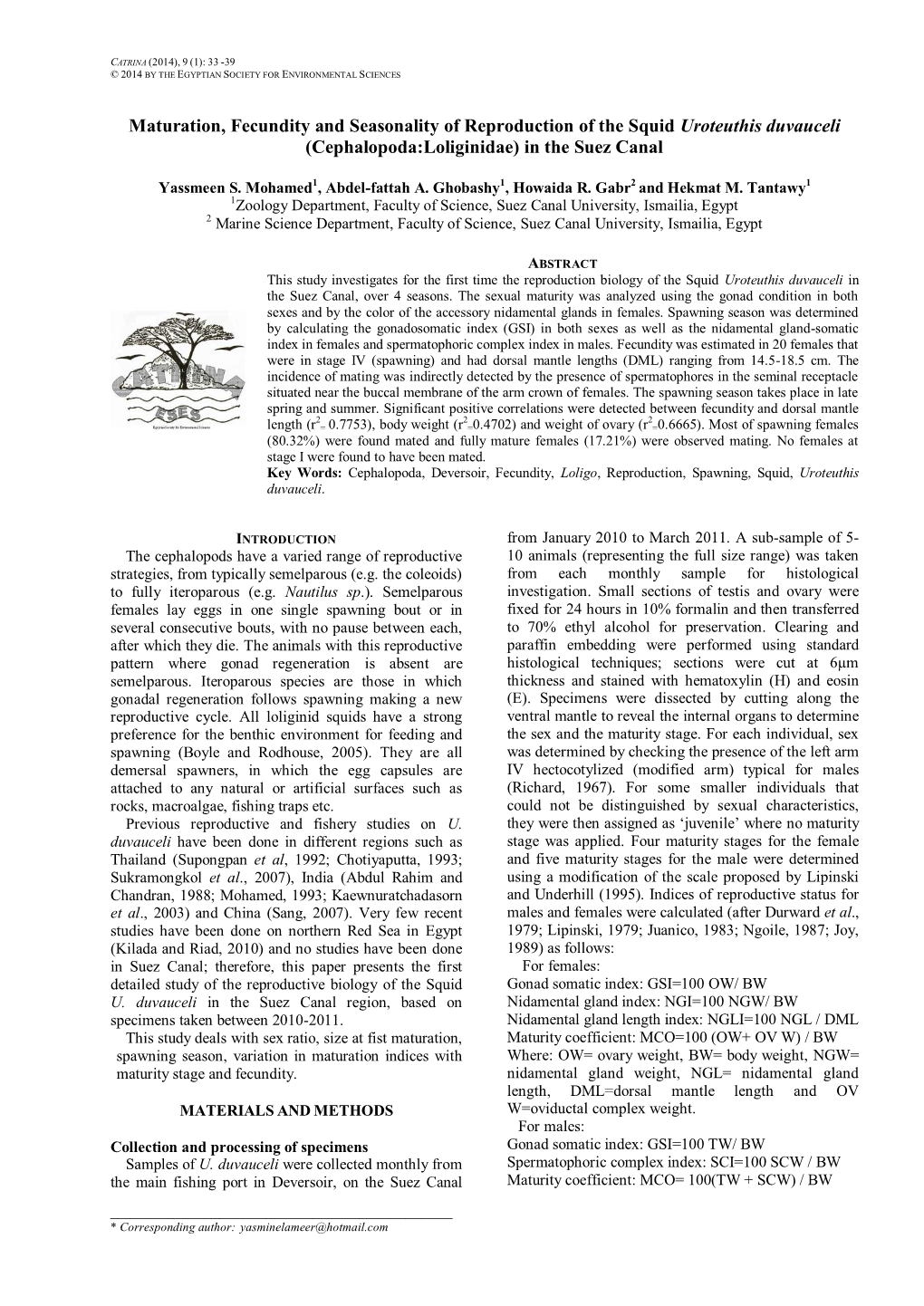 Maturation, Fecundity and Seasonality of Reproduction of the Squid Uroteuthis Duvauceli (Cephalopoda:Loliginidae) in the Suez Canal