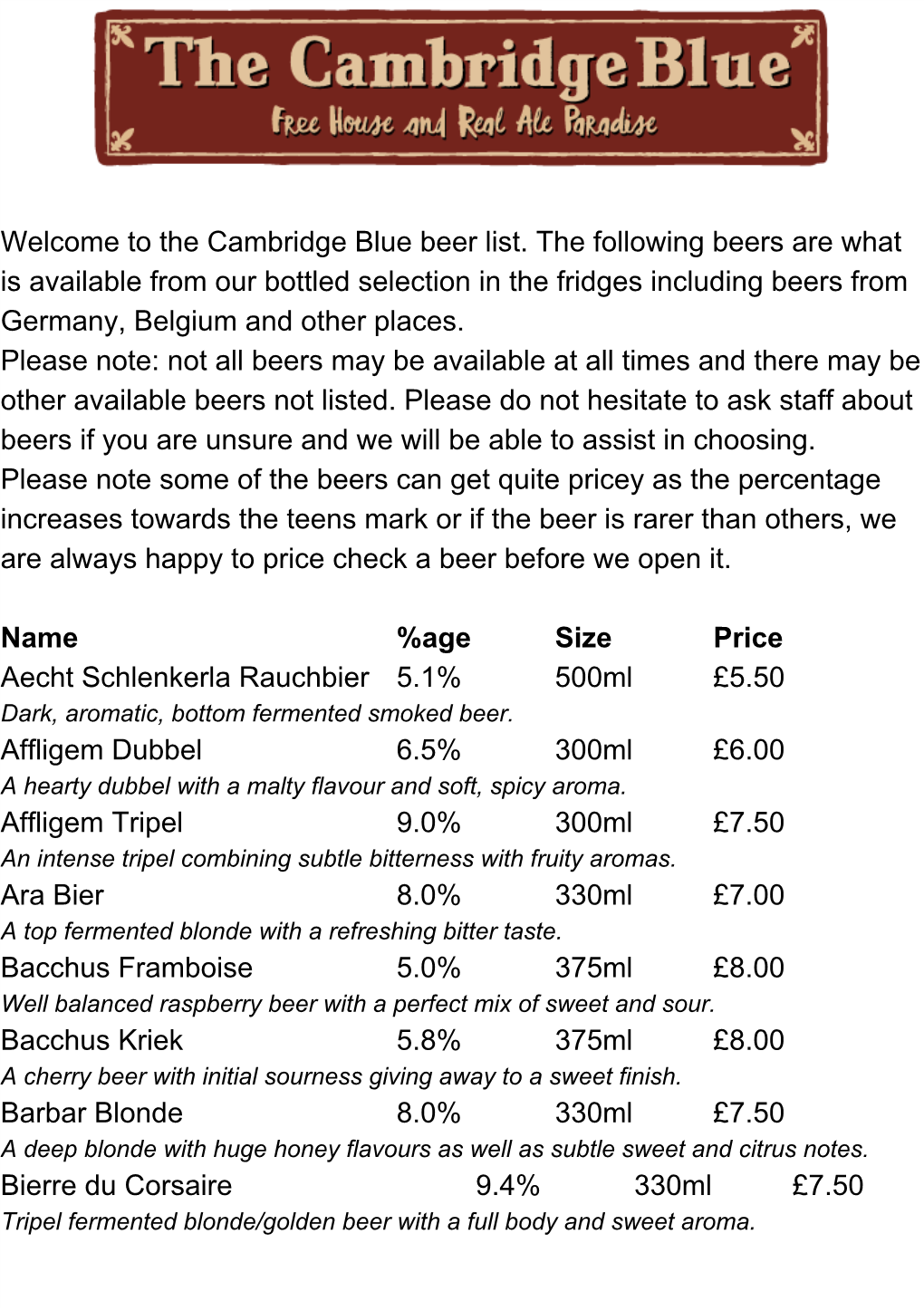 Welcome to the Cambridge Blue Beer List. the Following Beers Are What Is