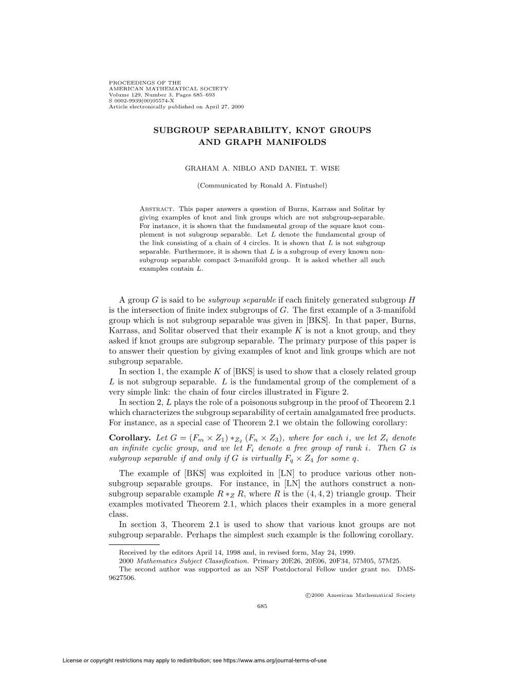 Subgroup Separability, Knot Groups and Graph Manifolds