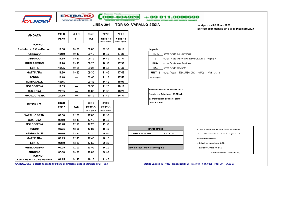 LINEA 201 - TORINO -VARALLO SESIA in Vigore Dal 07 Marzo 2020 Periodo Sperimentale Sino Al 31 Dicembre 2020