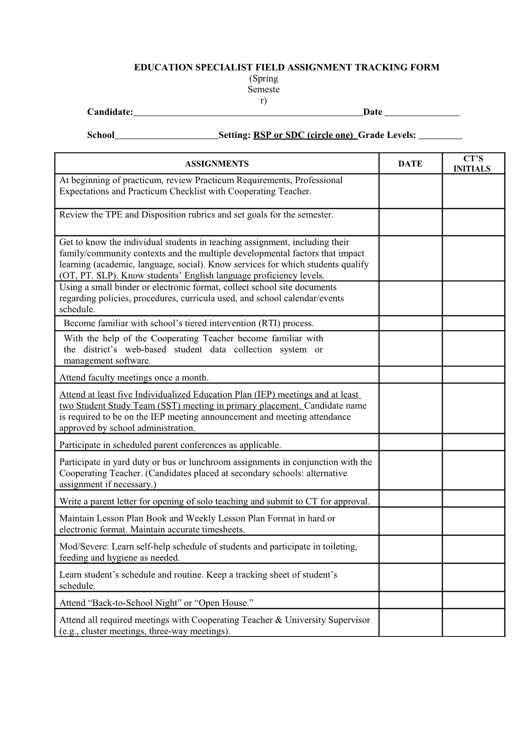 Education Specialist Field Assignment Tracking Form