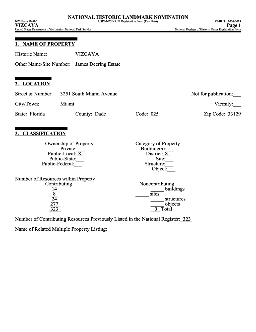 VIZCAYA NATIONAL HISTORIC LANDMARK NOMINATION Page 1 1. NAME of PROPERTY Historic Name