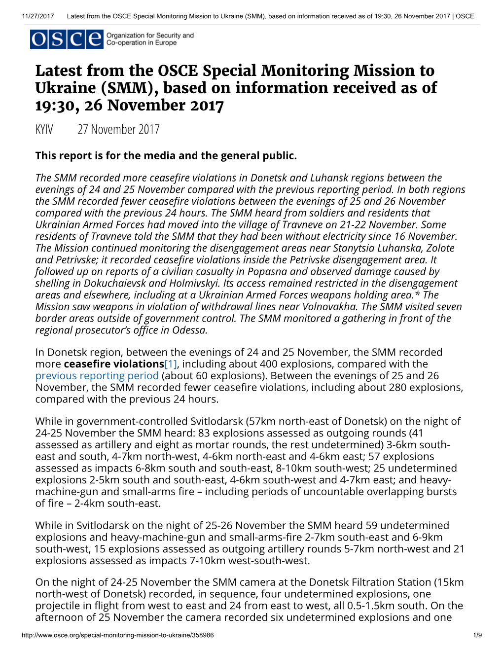 Latest from the OSCE Special Monitoring Mission to Ukraine (SMM), Based on Information Received As of 19:30, 26 November 2017 | OSCE