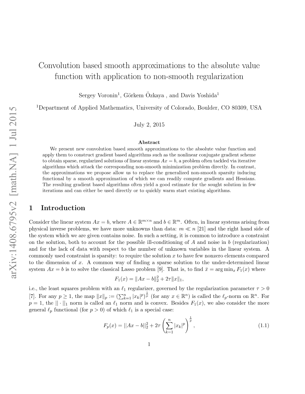 Convolution Based Smooth Approximations to the Absolute Value Function with Application to Non-Smooth Regularization