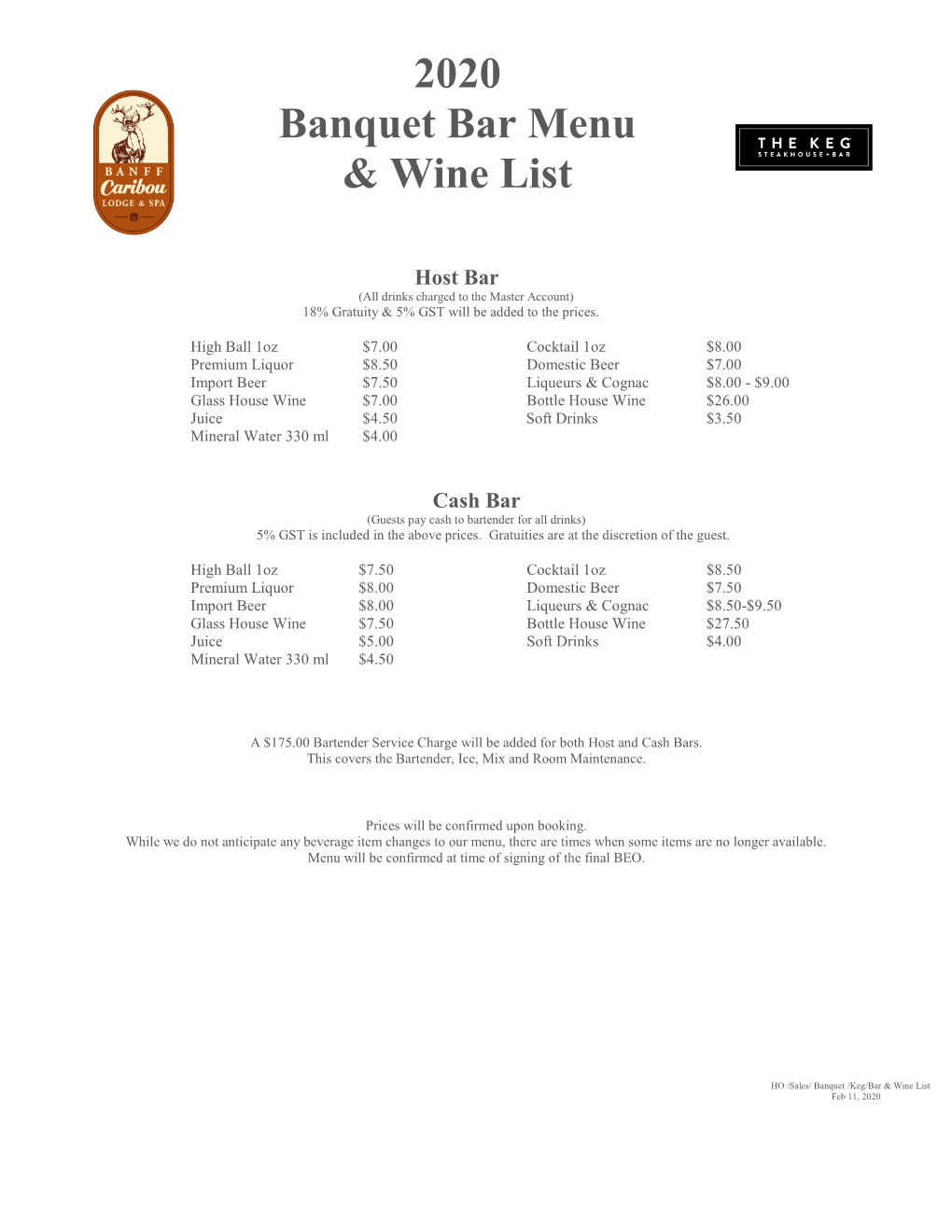 Banquet Bar & Wine List