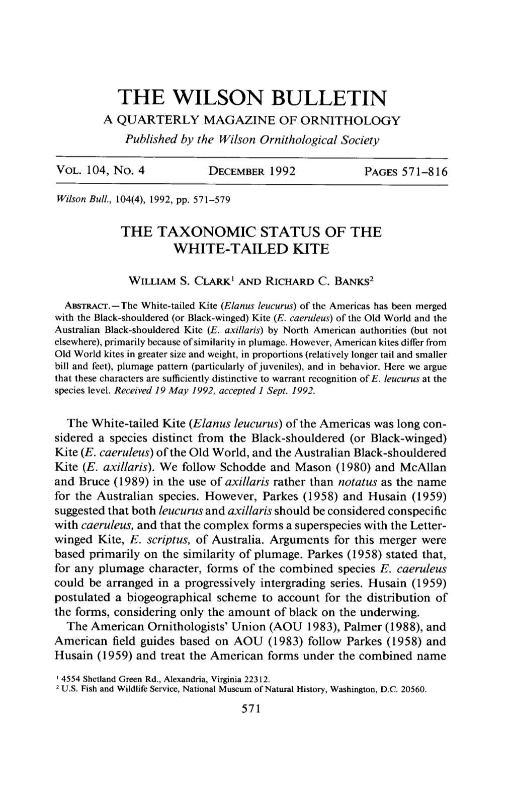 The Taxonomic Status of the White-Tailed Kite