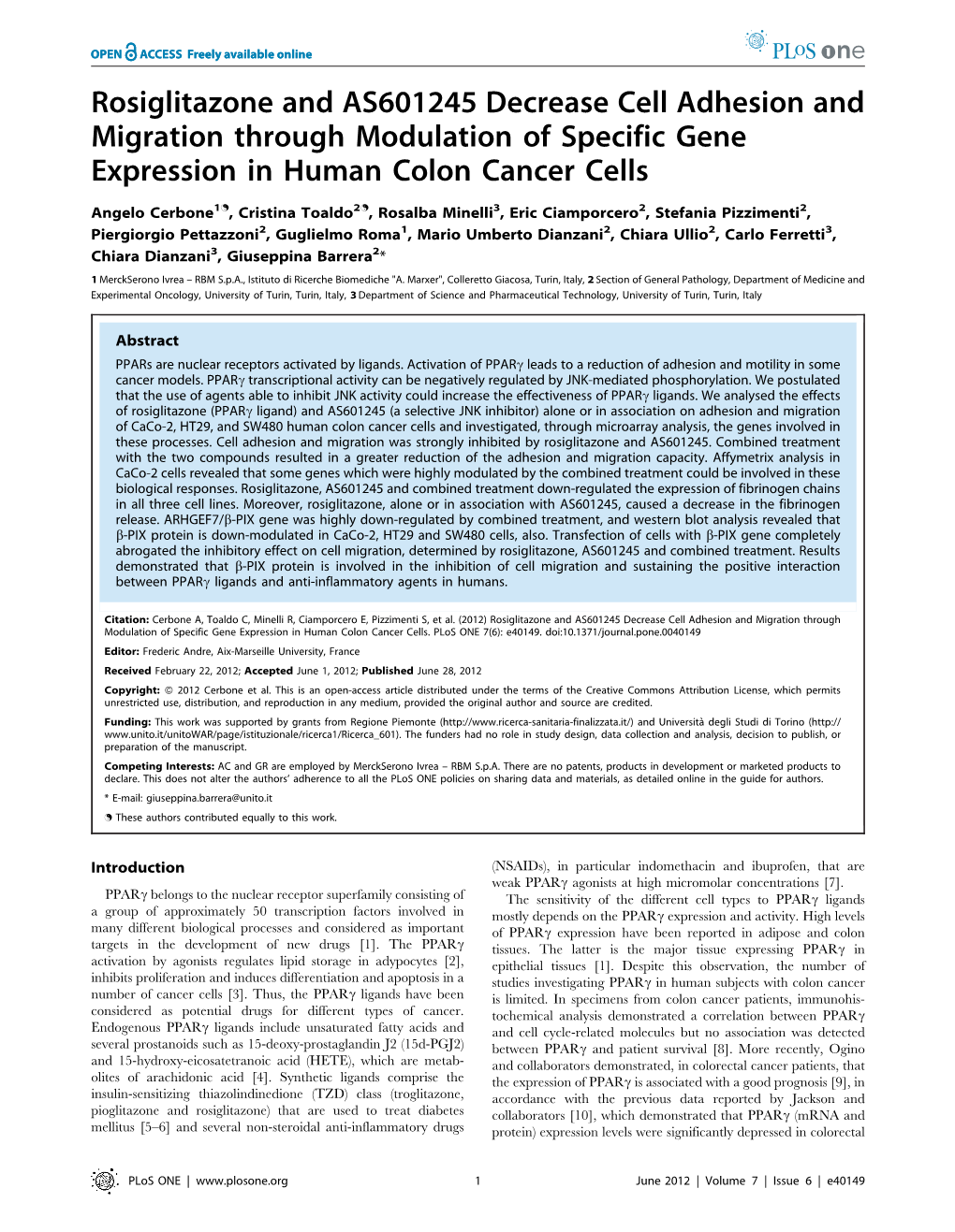 Rosiglitazone and AS601245 Decrease Cell Adhesion and Migration Through Modulation of Specific Gene Expression in Human Colon Cancer Cells