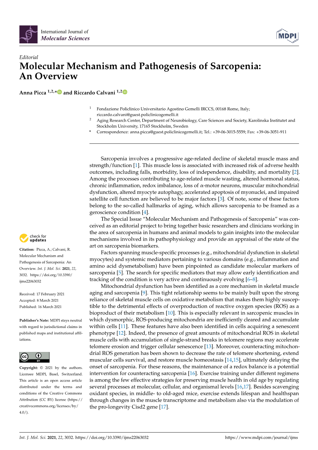 Molecular Mechanism and Pathogenesis of Sarcopenia: an Overview