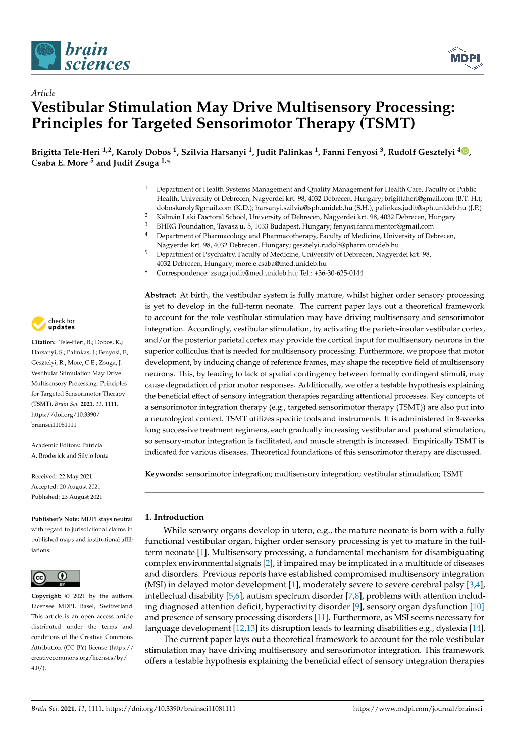 Vestibular Stimulation May Drive Multisensory Processing: Principles for Targeted Sensorimotor Therapy (TSMT)