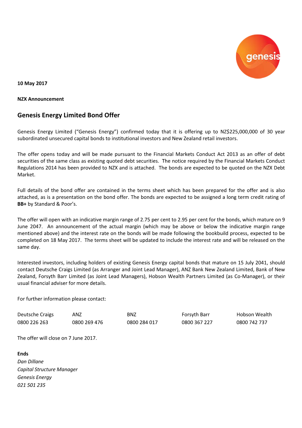 Genesis Energy Limited Bond Offer Announcement