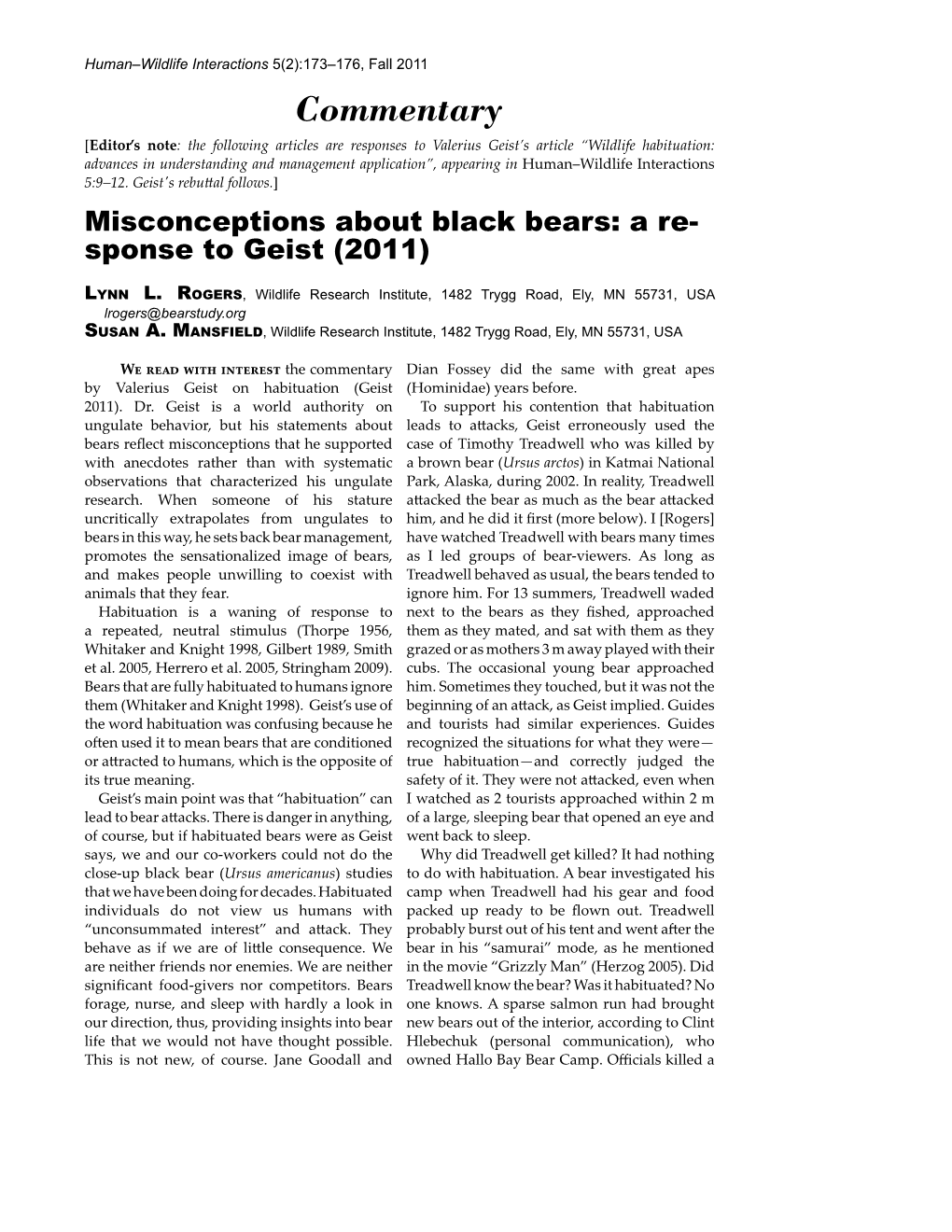 Misconceptions About Black Bears: a Response to Geist (2011)