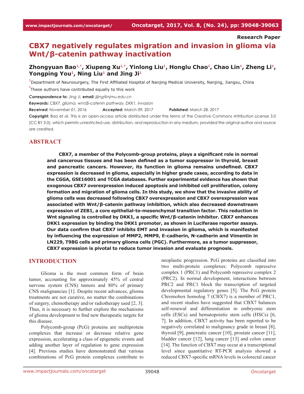 CBX7 Negatively Regulates Migration and Invasion in Glioma Via Wnt/Β-Catenin Pathway Inactivation