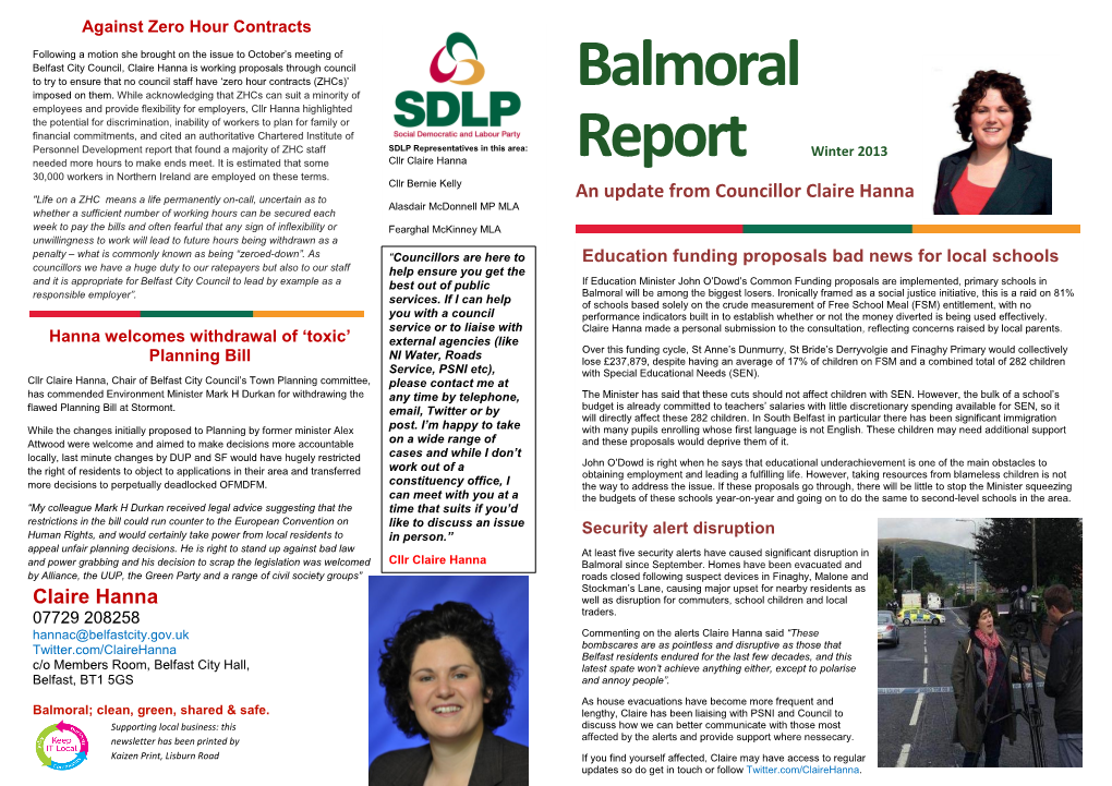 Balmoral Report Winter 2013 an Update from Councillor Claire