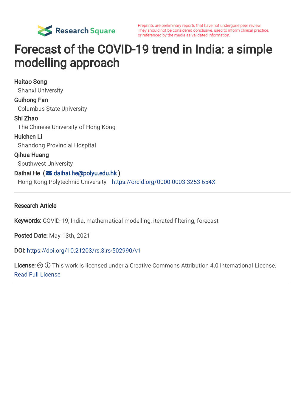 Forecast of the COVID-19 Trend in India: a Simple Modelling Approach