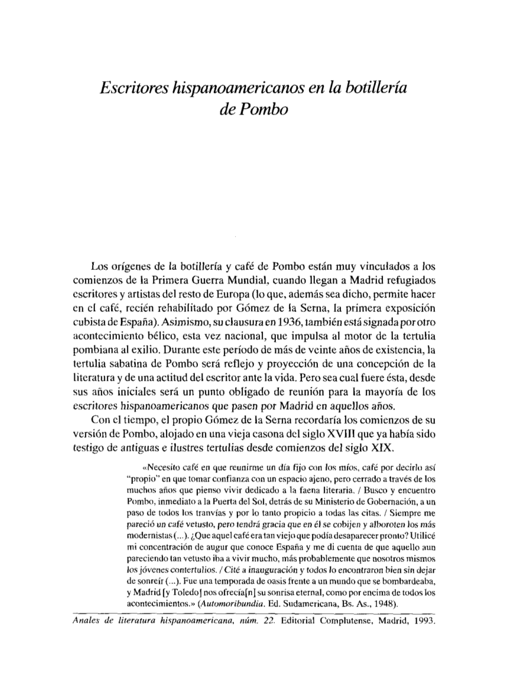 Escritores Hispanoamericanos En La Botillería De Pombo