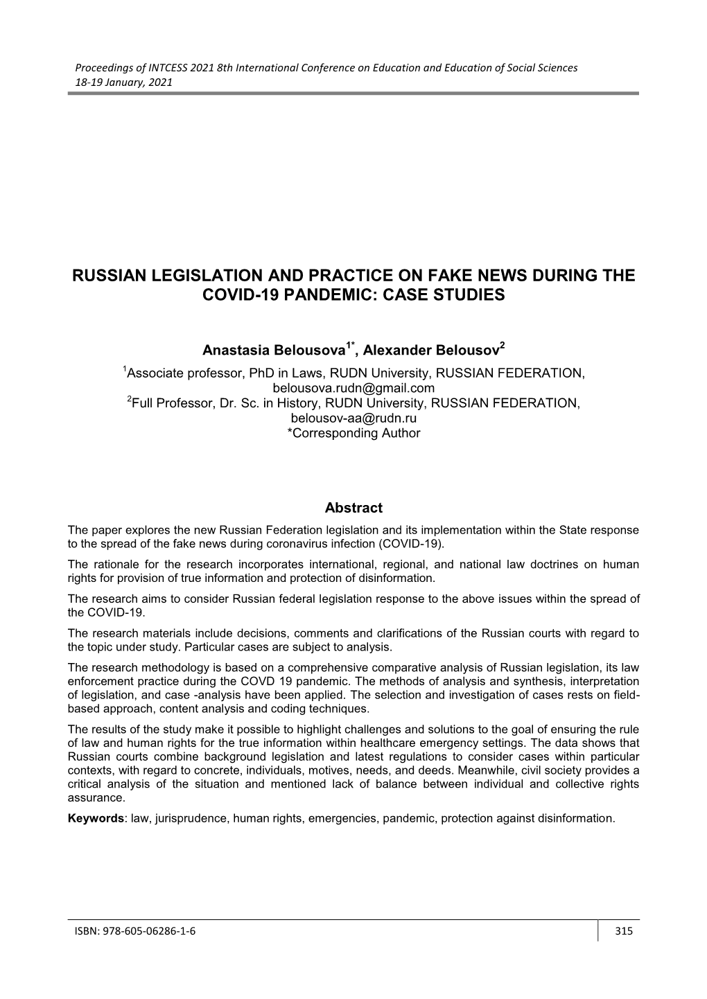 Russian Legislation and Practice on Fake News During the Covid-19 Pandemic: Case Studies