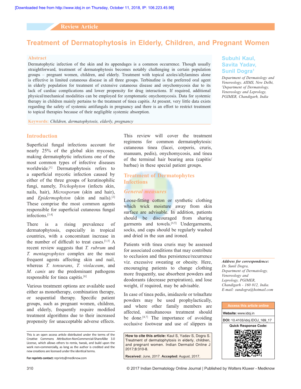 Treatment of Dermatophytosis in Elderly, Children, and Pregnant Women