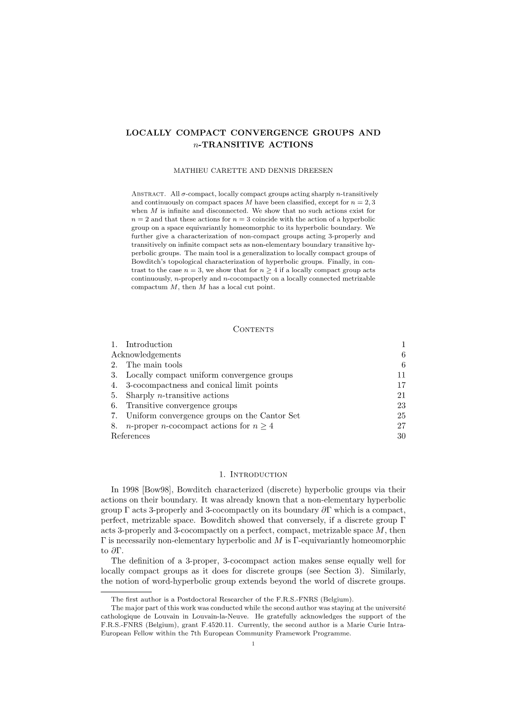 LOCALLY COMPACT CONVERGENCE GROUPS and N-TRANSITIVE ACTIONS